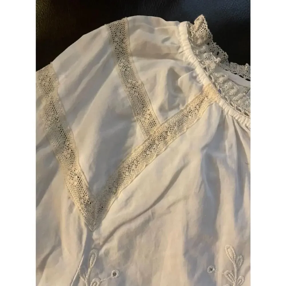 Size M White Cotton Women's Cactus + Pearl Embroidered Peasant Top - Picture 7 of 9